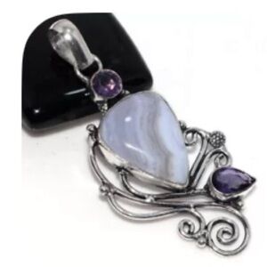 925 Silver Plated Blue Lace Amethyst Pendant. 2.5" inches